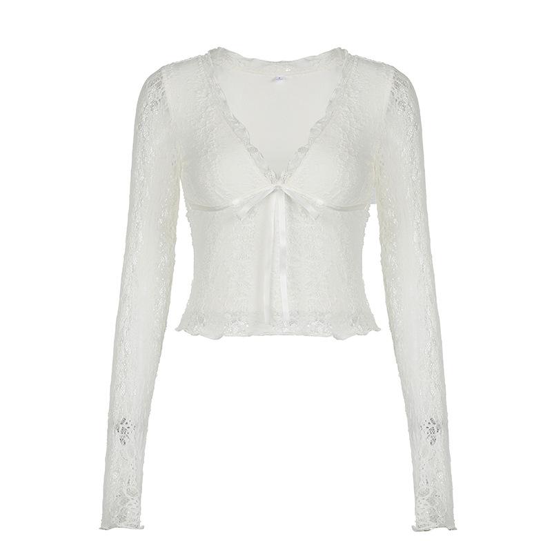 V neck long sleeve lace bowknot top