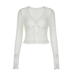 V neck long sleeve lace bowknot top
