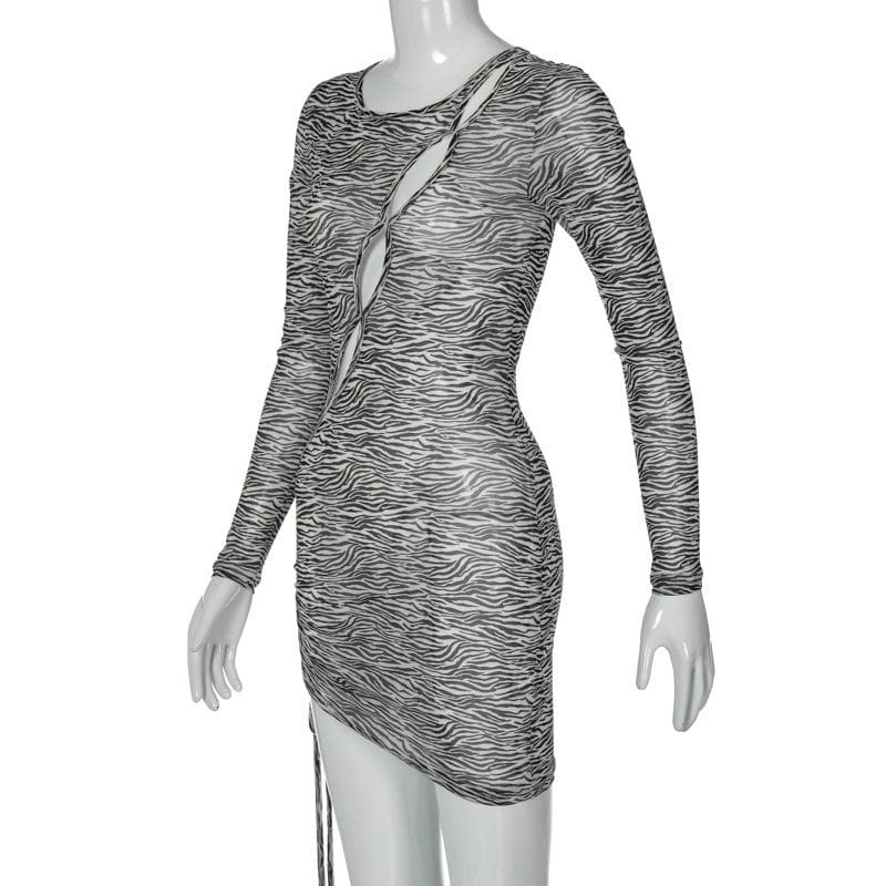 Zebra print hollow out irregular long sleeve sheer mesh see through mini dress  | samba dress