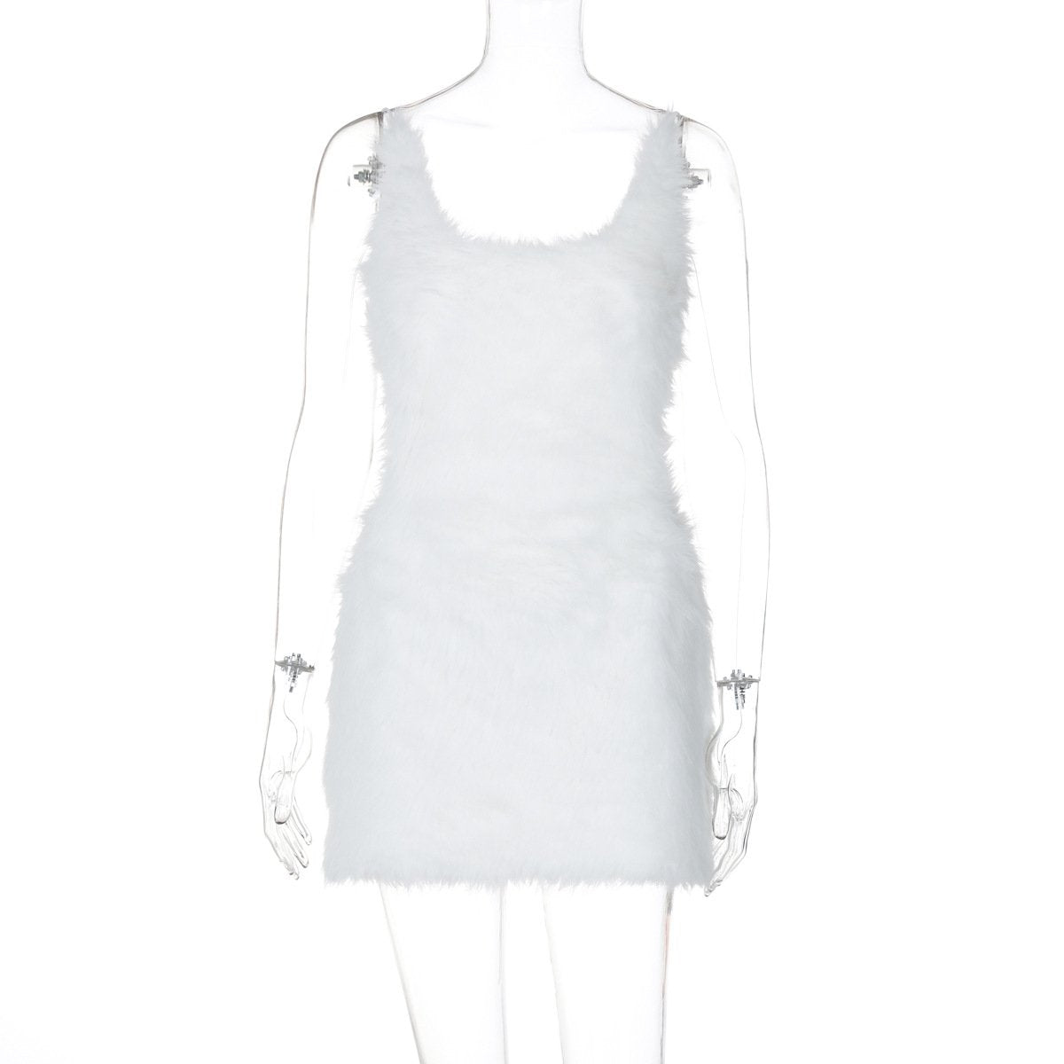 U neck fluffy zip-up backless cami mini dress