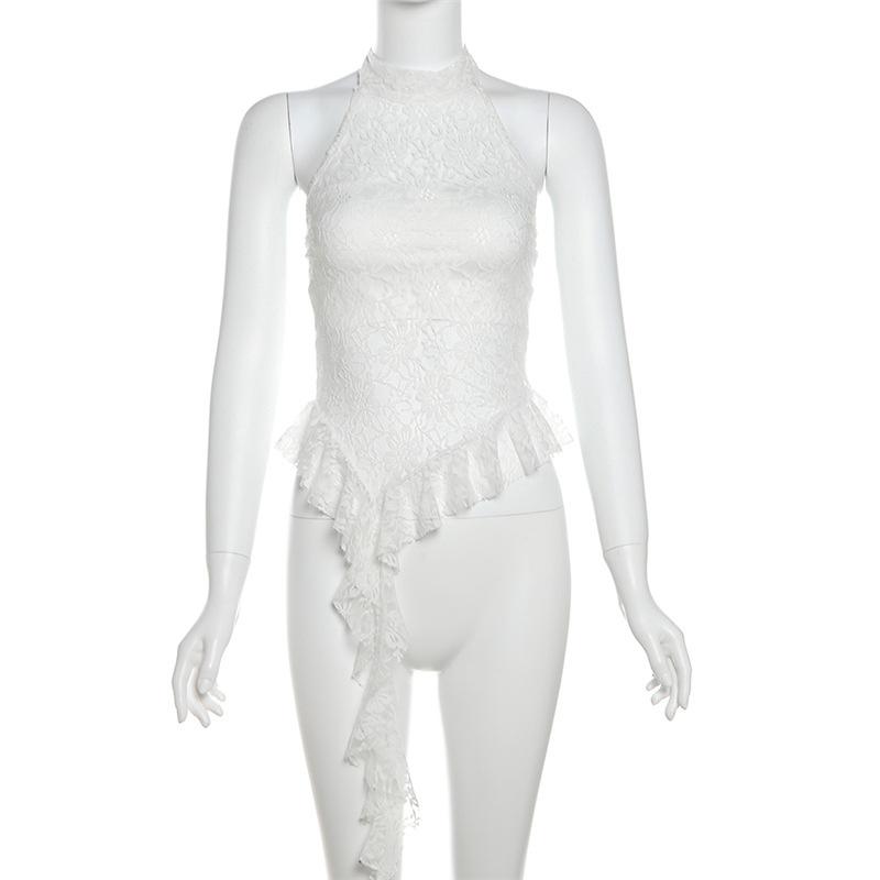 Halter mesh ruffle backless top