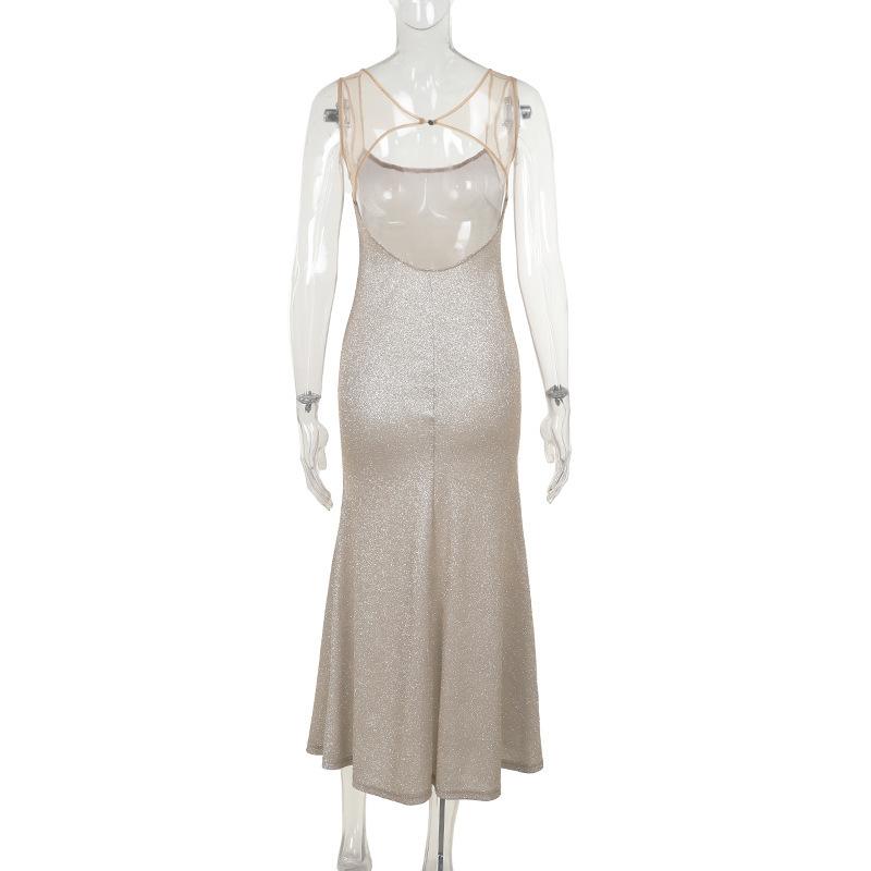 Glitter u neck backless cami maxi dress