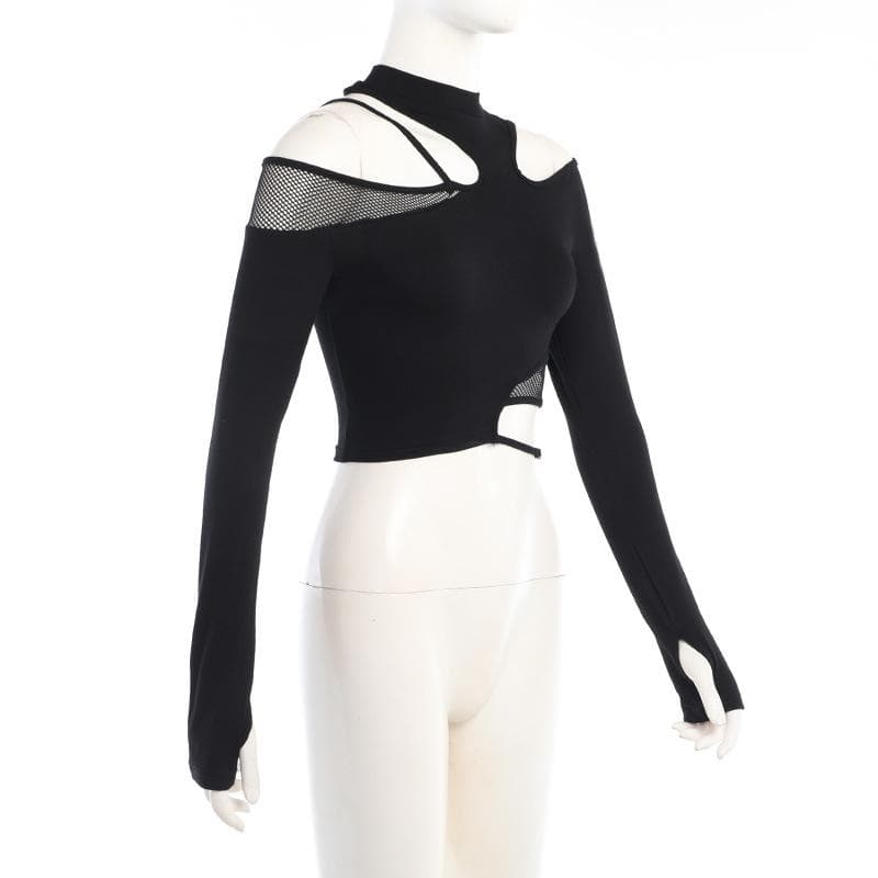 Fishnet patchwork off shoulder long sleeve gloves irregular top