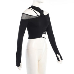 Fishnet patchwork off shoulder long sleeve gloves irregular top