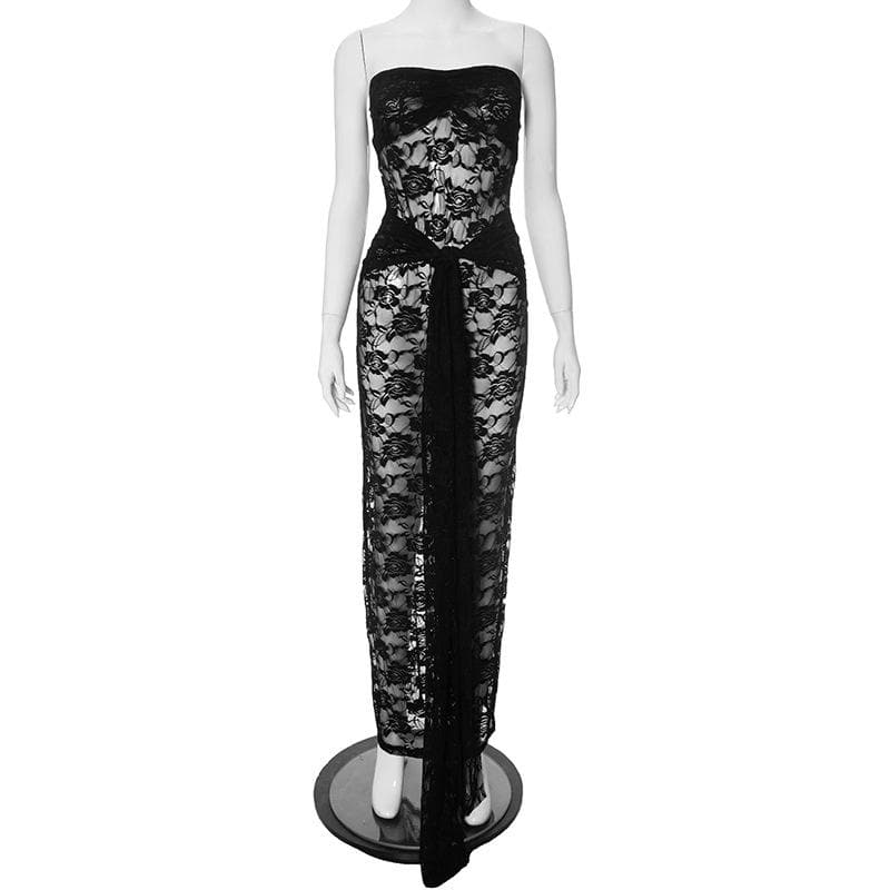 Lace ruched ruffle see through tube maxi dress