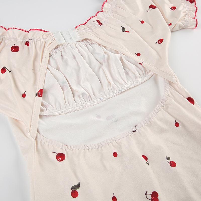 Short puff sleeve knotted ruched cherry print bodysuit