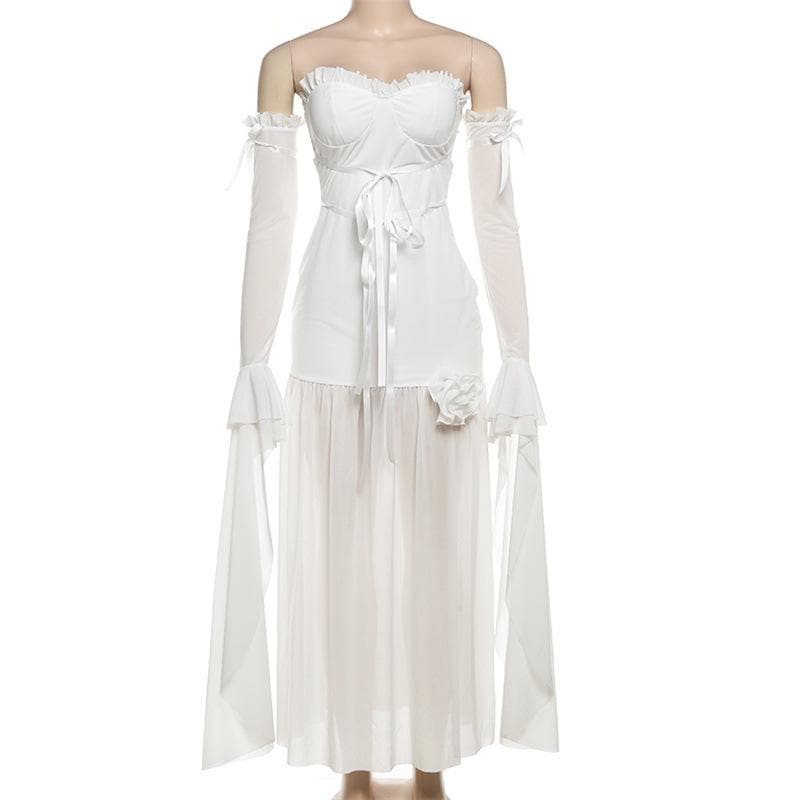 Long flared sleeve off shoulder rose applique maxi dress