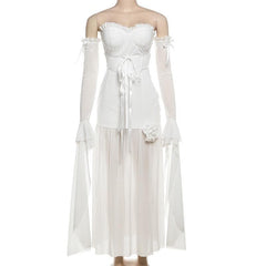 Long flared sleeve off shoulder rose applique maxi dress