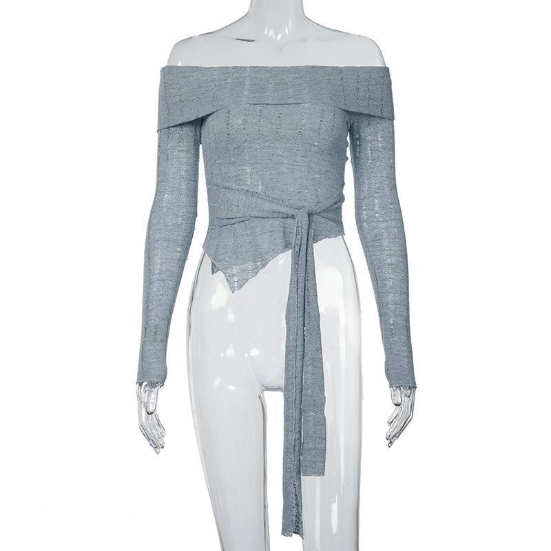 Long sleeve odd shoulder knotted knitted top