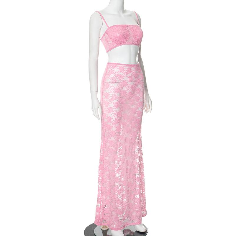 Sheer lace see through tube maxi skirt set
