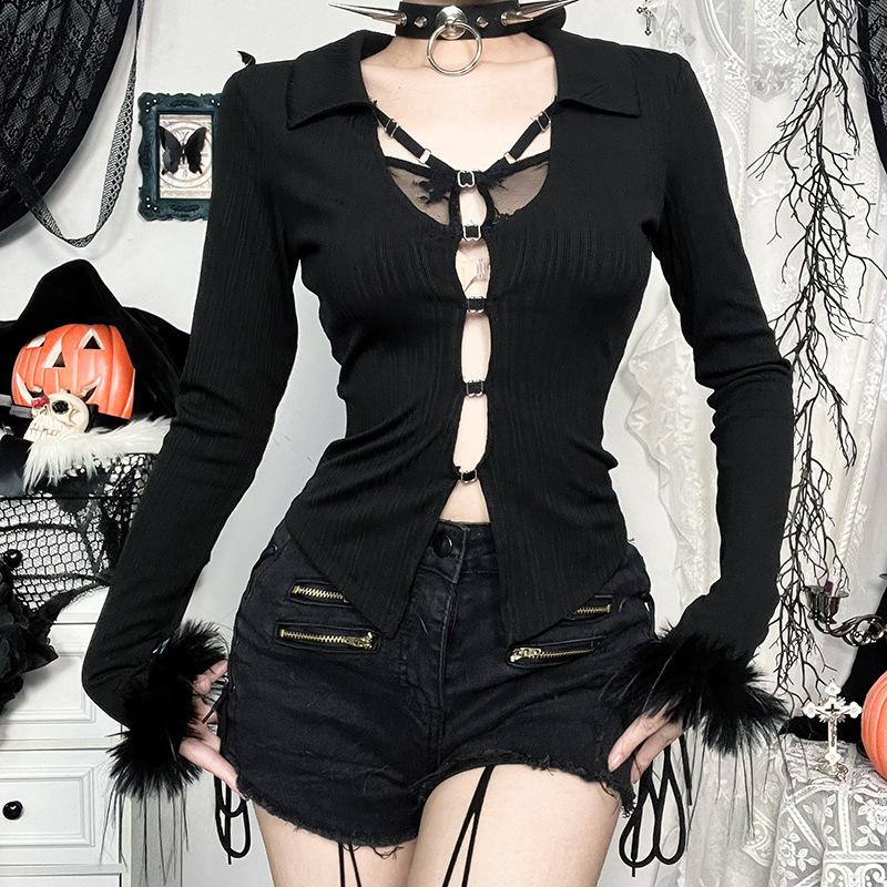 Turnover collar long sleeve fluffy button knitted top