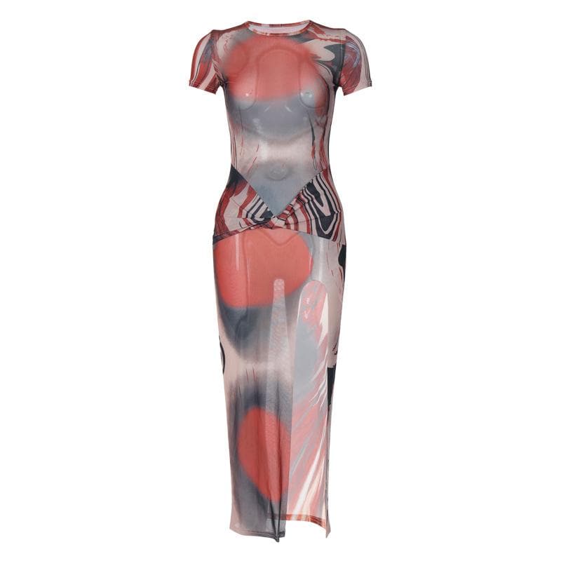 Short sleeve crewneck sheer mesh high slit print midi dress  | samba dress