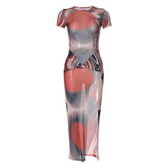 Short sleeve crewneck sheer mesh high slit print midi dress  | samba dress