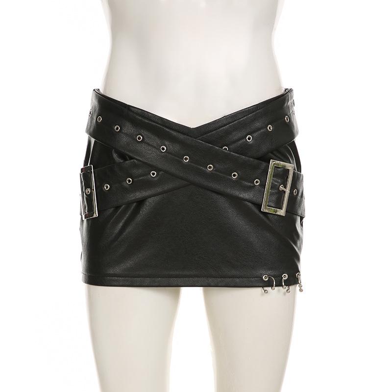 PU leather cross front buckle mini skirt