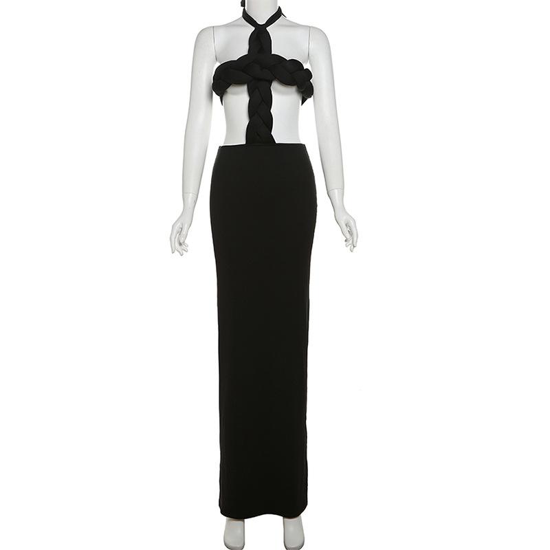 Self tie halter hollow out backless solid maxi dress