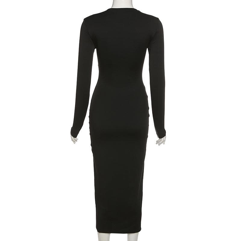Cross front long sleeve slit notch neck solid midi dress  | black rave dress  | black rave dress