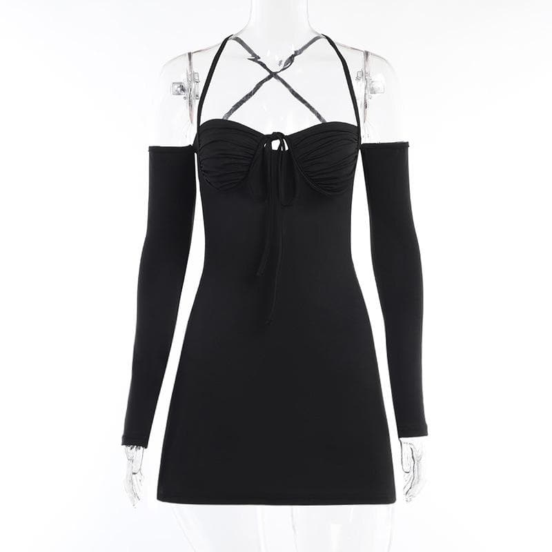 Lace up solid cross back off shoulder long sleeve mini dress  | black rave dress  | black rave dress