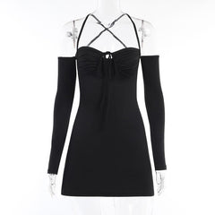 Lace up solid cross back off shoulder long sleeve mini dress  | black rave dress  | black rave dress