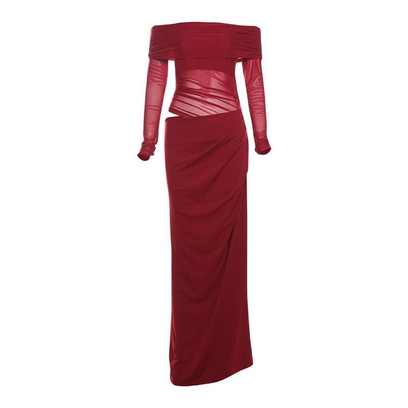 Off shoulder hollow out mesh maxi dress