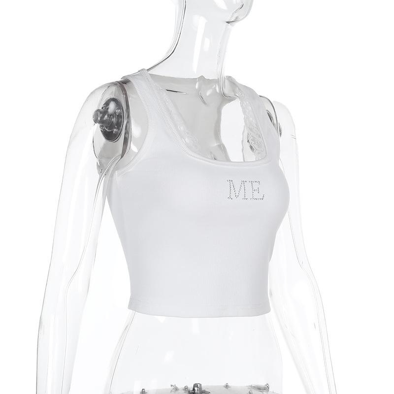 U neck "ME" beaded lace hem tank top