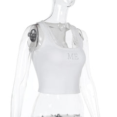 U neck "ME" beaded lace hem tank top
