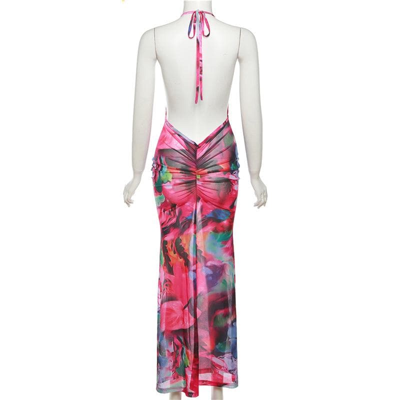 Ruched halter sheer mesh see through backless cowl neck contrast maxi dress  | samba dress