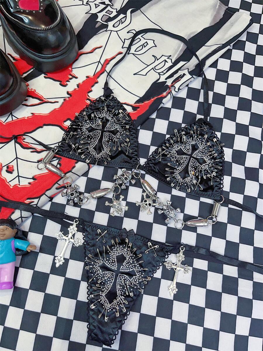 Halter beaded metal applique cross pattern pant set