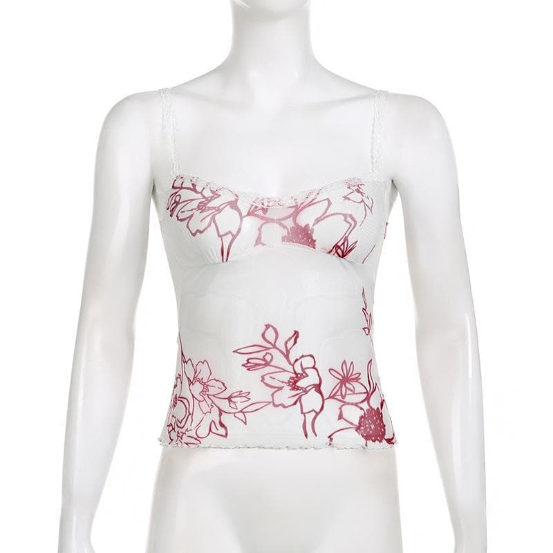 Sheer mesh see through flower print sleeveless lace hem crop top