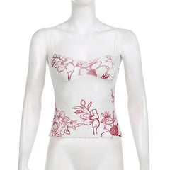 Sheer mesh see through flower print sleeveless lace hem crop top