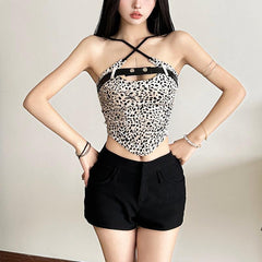 Cross front print button cami top