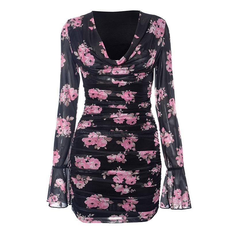 Long flared sleeve cowl neck ruffle flower print sheer mesh mini dress  | samba dress