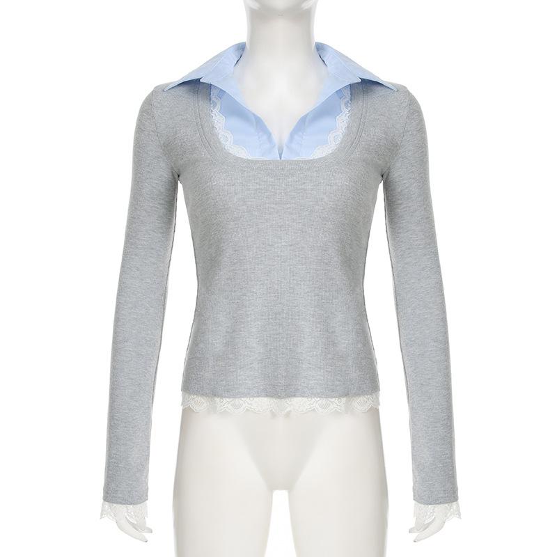 Turnover collar patchwork long sleeve lace hem knitted top