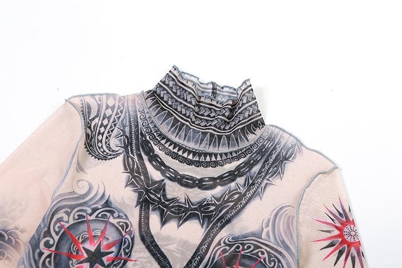 Sheer mesh see through abstract contrast print long sleeve gloves midi dress  | samba dress