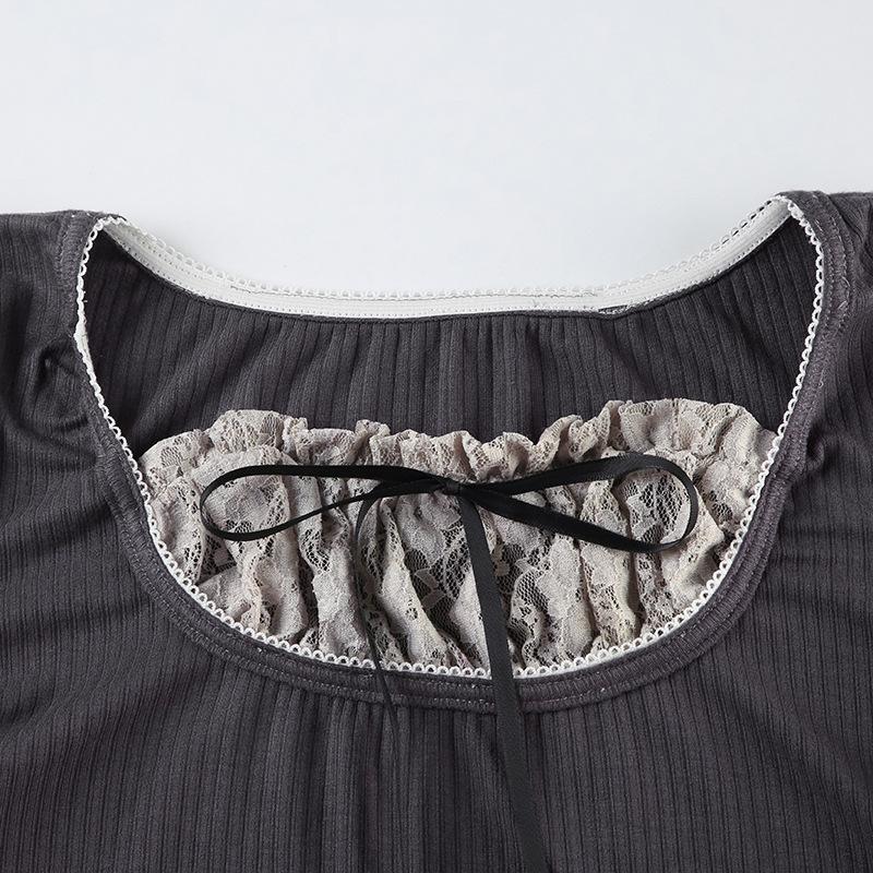 Long sleeve patchwork lace hem bowknot ruched top