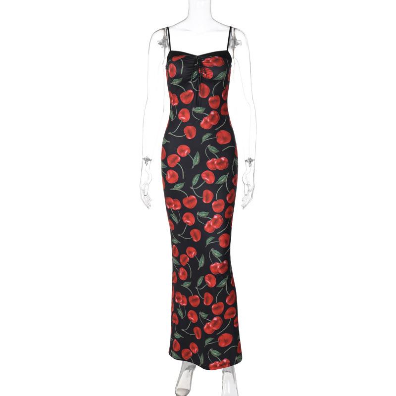 Fruit print lace hem knotted cami maxi dress
