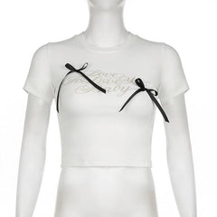 Short sleeve bowknot crewneck letter print top