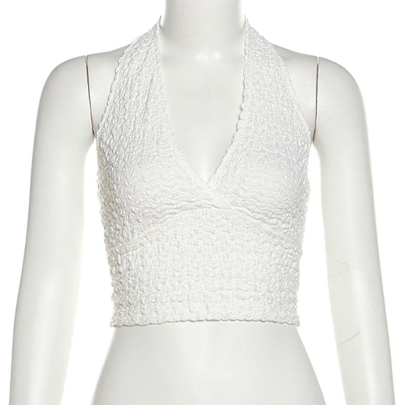 Halter v neck backless textured solid crop top