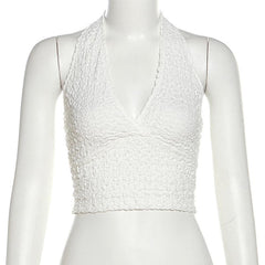 Halter v neck backless textured solid crop top