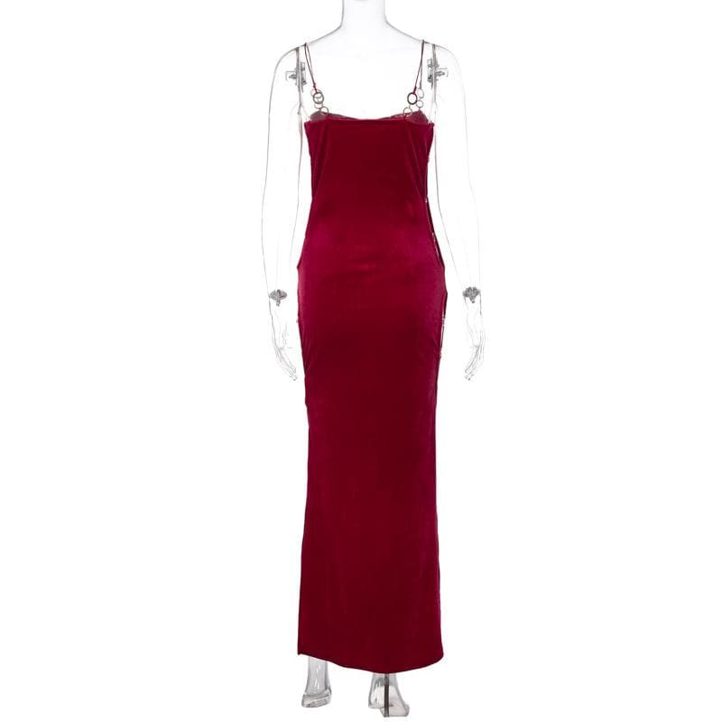 Velvet solid o ring hollow out slit backless maxi dress  | red tango dress