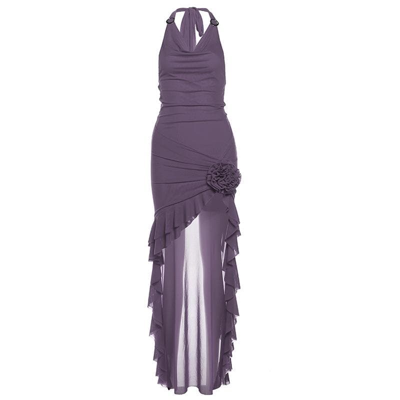 Halter cowl neck flower applique ruffle maxi dress  | red tango dress