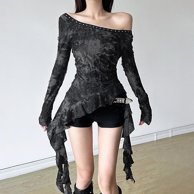Hoodie off shoulder long sleeve ruffle top