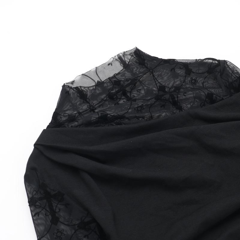 Long sleeve cross pattern mesh patchwork top
