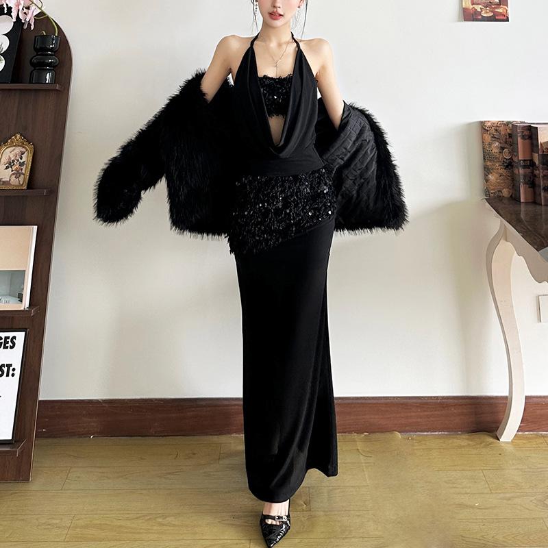 Glitter mesh patchwork fluffy maxi skirt