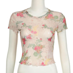 Short sleeve flower print ruffle sheer mesh top