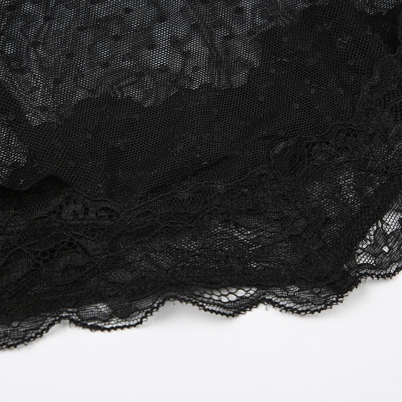Mesh stitch see through lace hem polka dot cami top