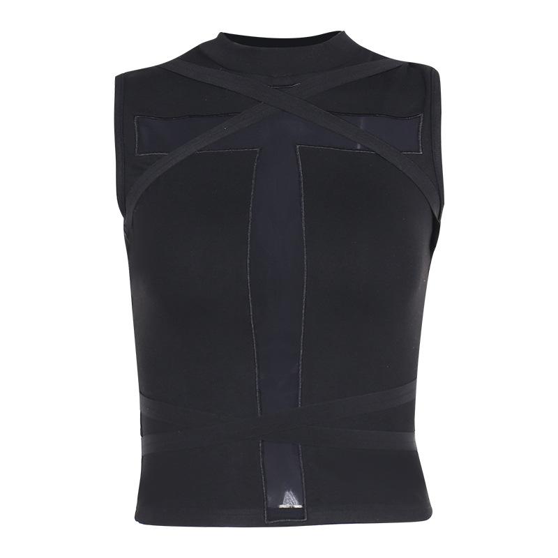 Crewneck patchwork cross front cross pattern tank top