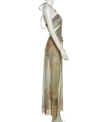 Halter drawstring tie dye irregular sheer mesh maxi dress  | samba dress