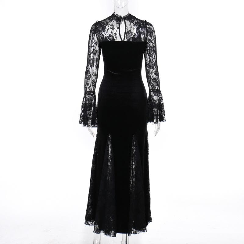 Long flared sleeve crewneck lace embroidery ruffle maxi dress  | red tango dress