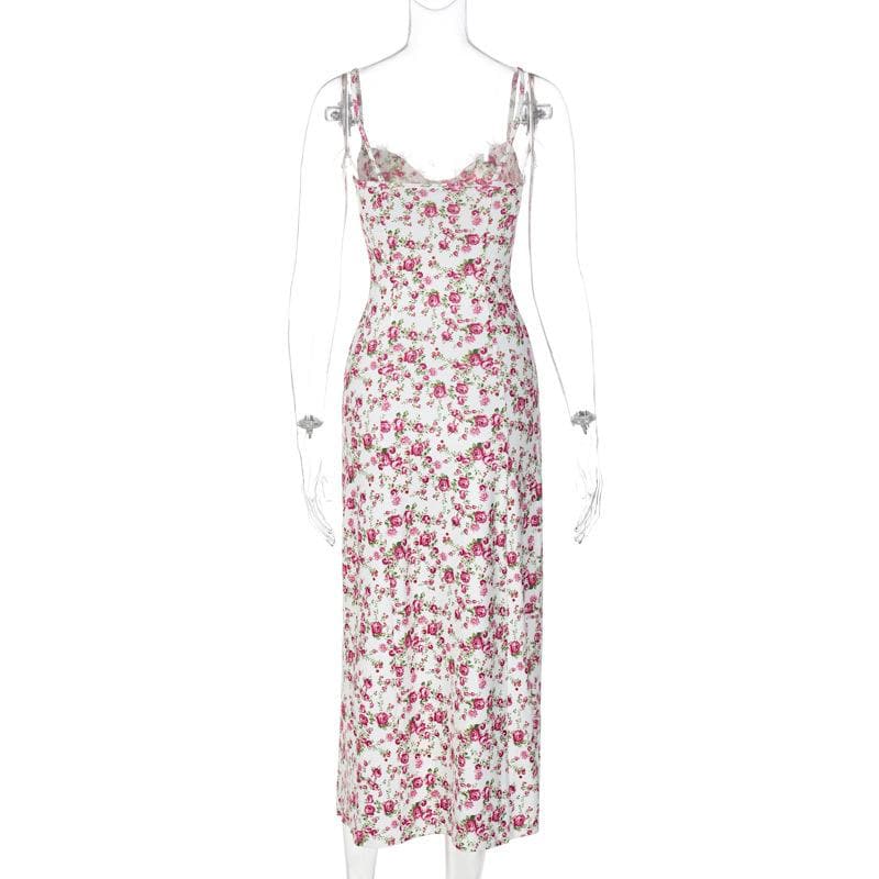 Flower pattern print lace up slit low cut cami midi dress  | red tango dress