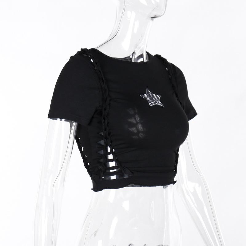 Short sleeve crewneck beaded hollow out top